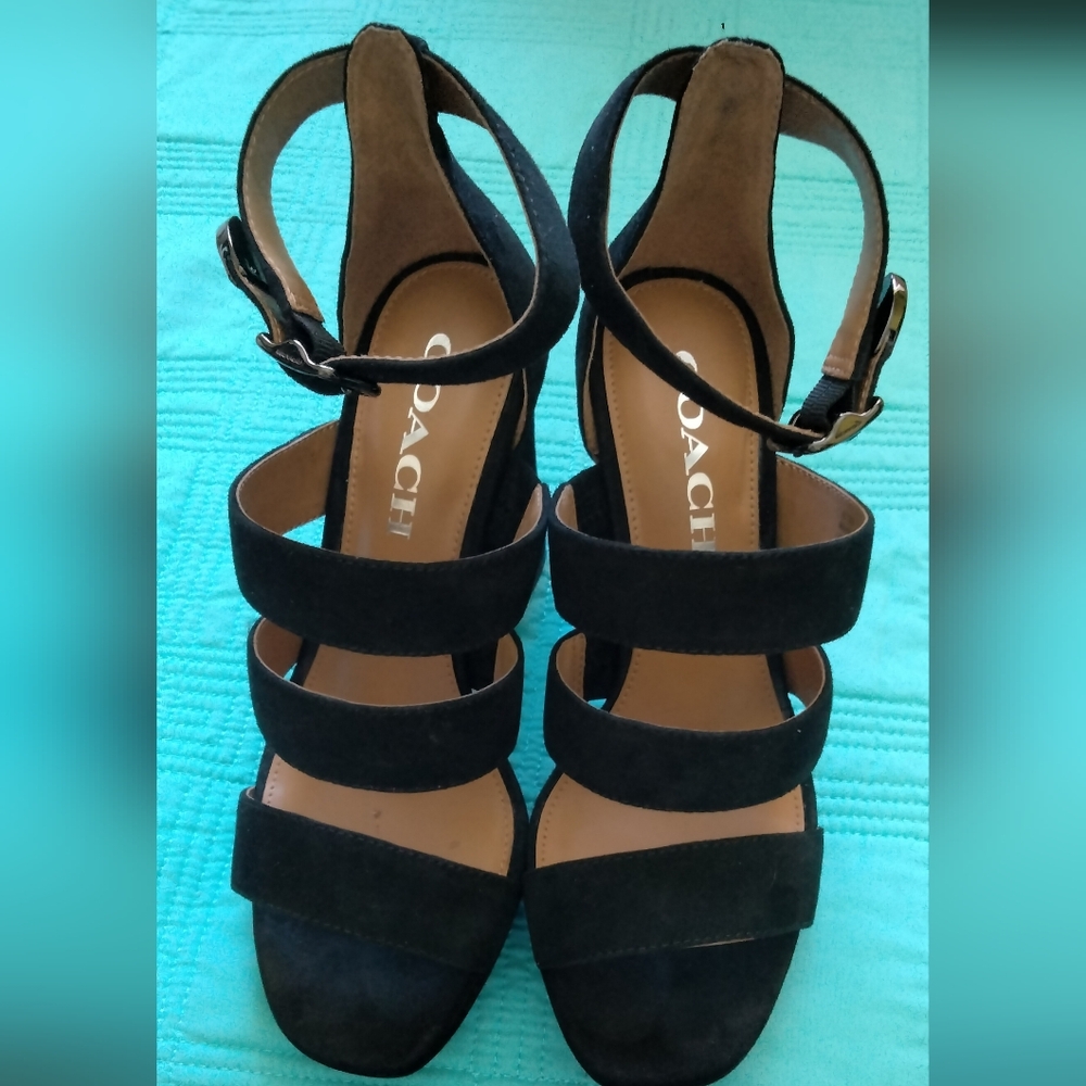 COACH BLACK MARINA Women's Black Suede Strappy Block Heel Sandals